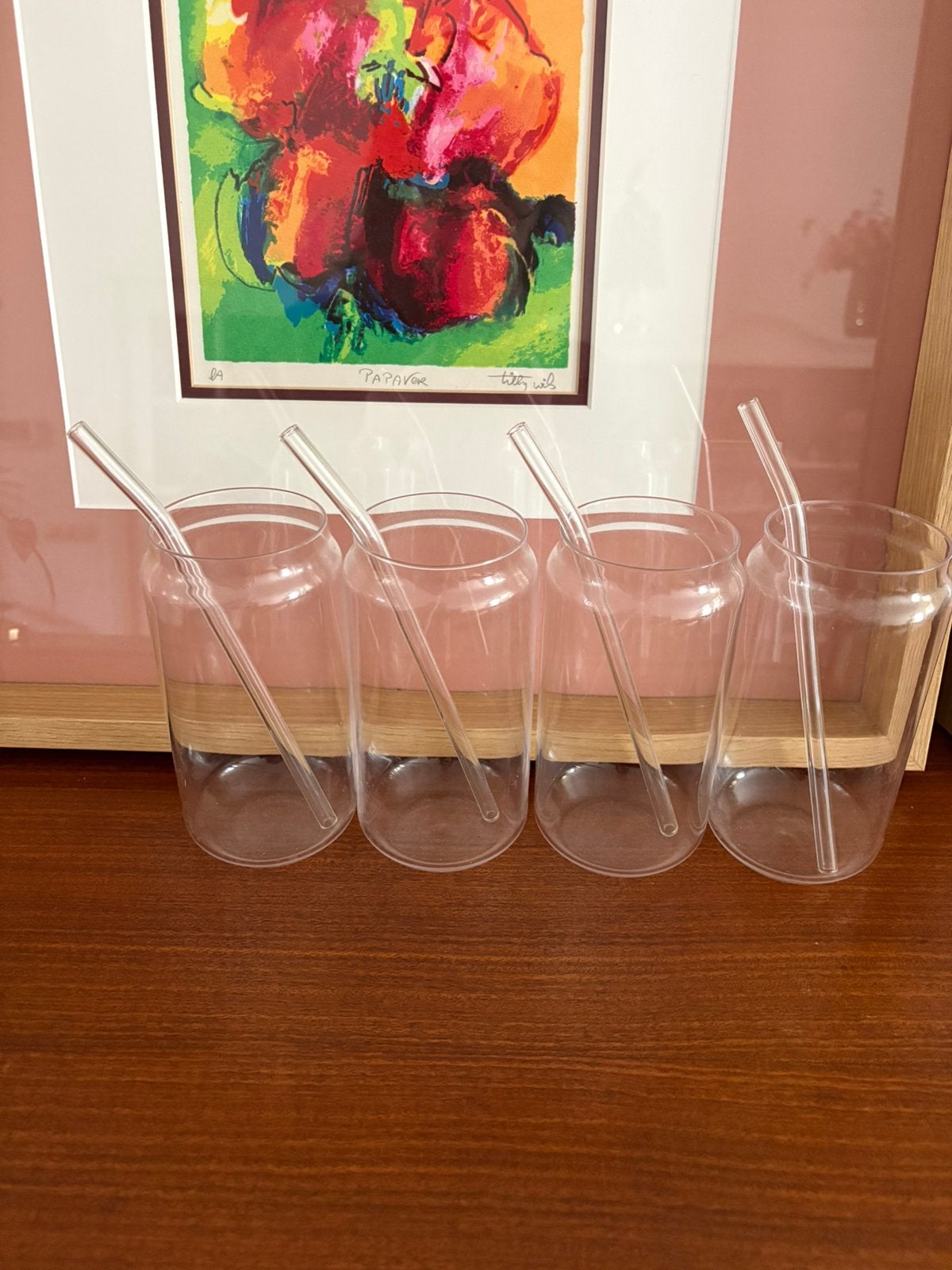 4 glazen bekers met glazen rietjes – NIEUW!, Ophalen of Verzenden, Nieuw, Overige typen
