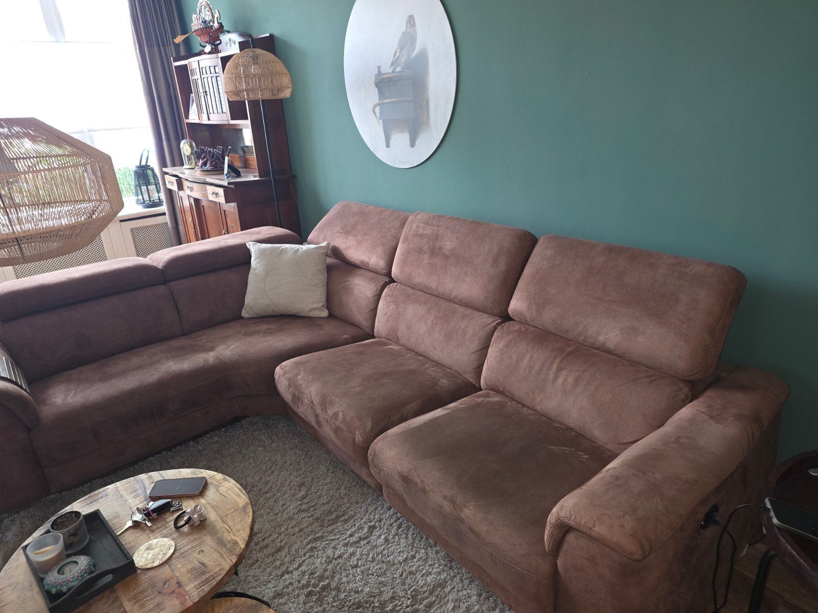 Bruine hoekbank met relaxfunctie en fauteuil, Ophalen, 250 tot 300 cm, Gebruikt, 100 tot 125 cm