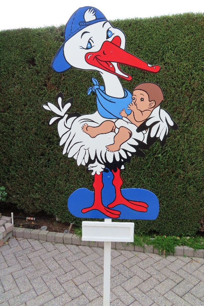 Geboortebord ooievaar met blauwe pet en baby een jongen., Ophalen, Nieuw, Geboortebord