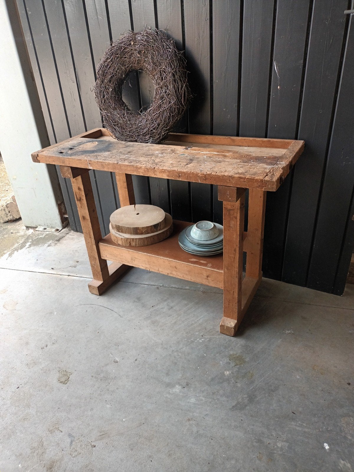 Stoere oude werkbank houten tafel keukenbijzettafel, Ophalen of Verzenden, 25 tot 50 cm, Rechthoekig