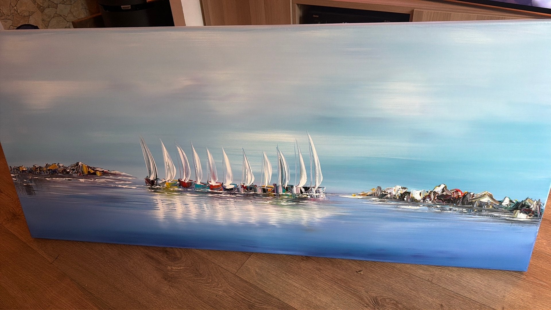 Haven met zeilboten, Antiek en Kunst, Ophalen, Handgeschilderd