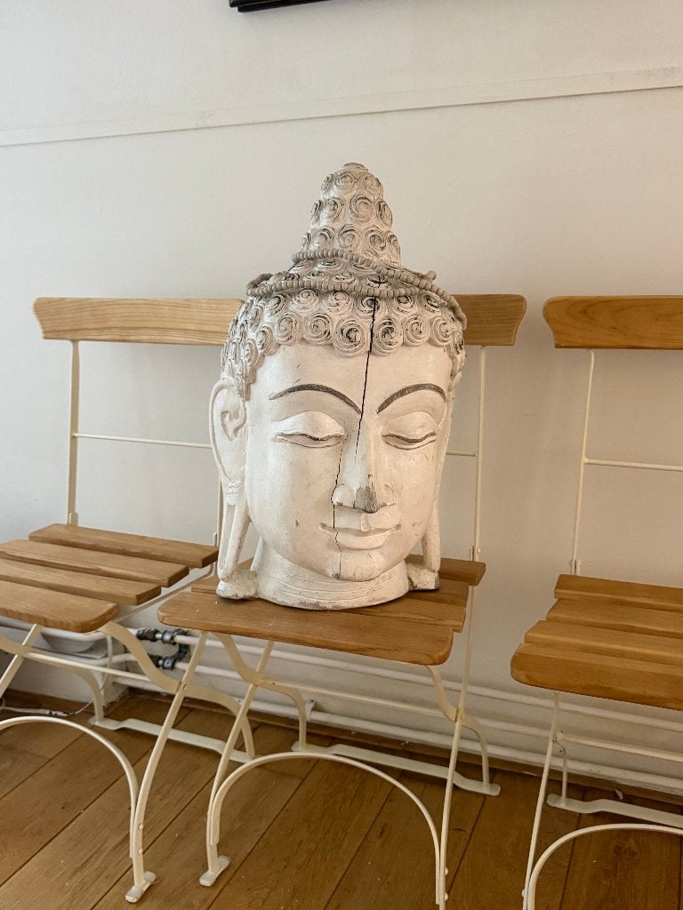 Groot handgesneden houten Buddha hoofd – 65 cm, Ophalen, Gebruikt, 65 cm, Wit
