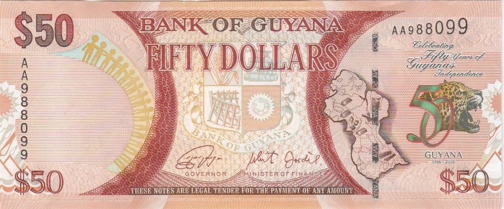 Guyana bankbiljet 50 Dollars 2016 UNC, Pick 41, Ophalen of Verzenden, Zuid-Amerika, Los biljet