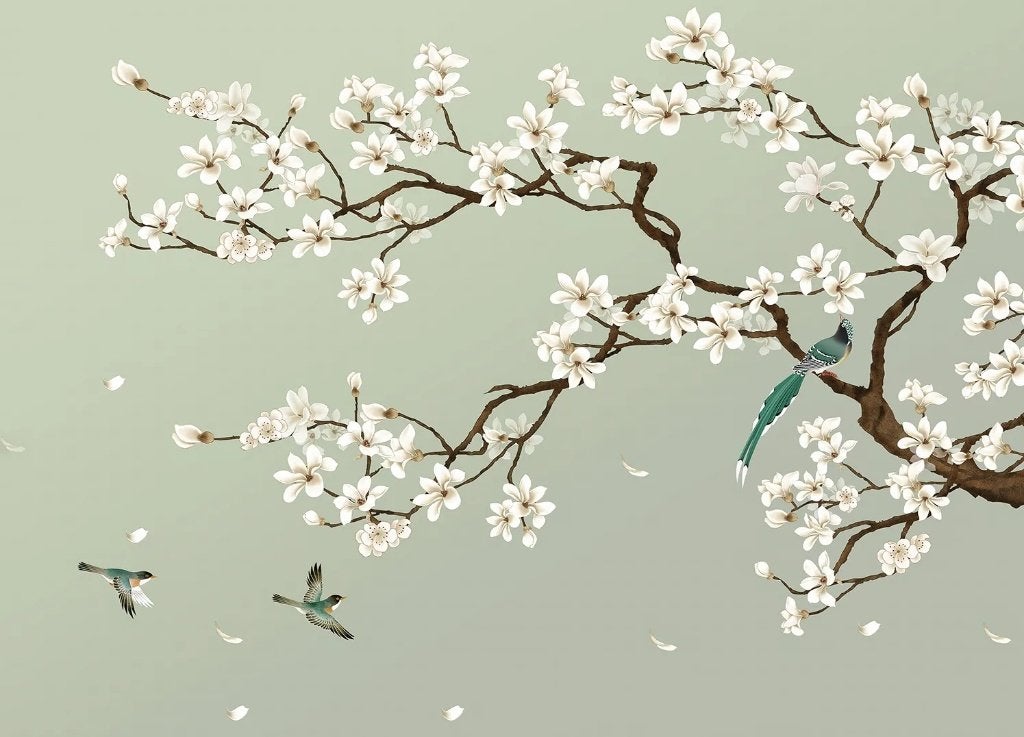 Bloesem fotobehang Magnolia & Vogels 375 x 270 cm, Verzenden, Fotobehang