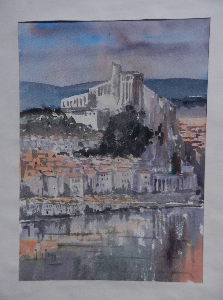 Aquarel Stadsgezicht aan water met tempel op berg J. de Jong, Antiek en Kunst, Ophalen of Verzenden