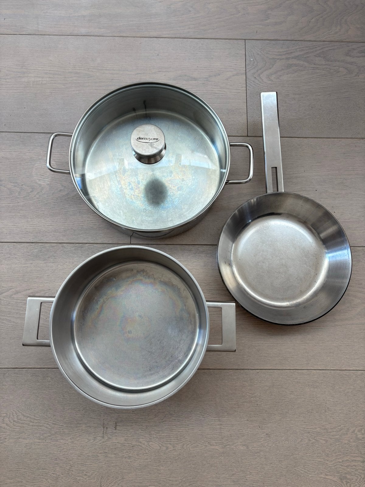 Demeyere pannenset - Kookpan, braadpan en koekenpan, Huis en Inrichting, Keuken | Potten en Pannen, Ophalen, Demeyere, Gebruikt