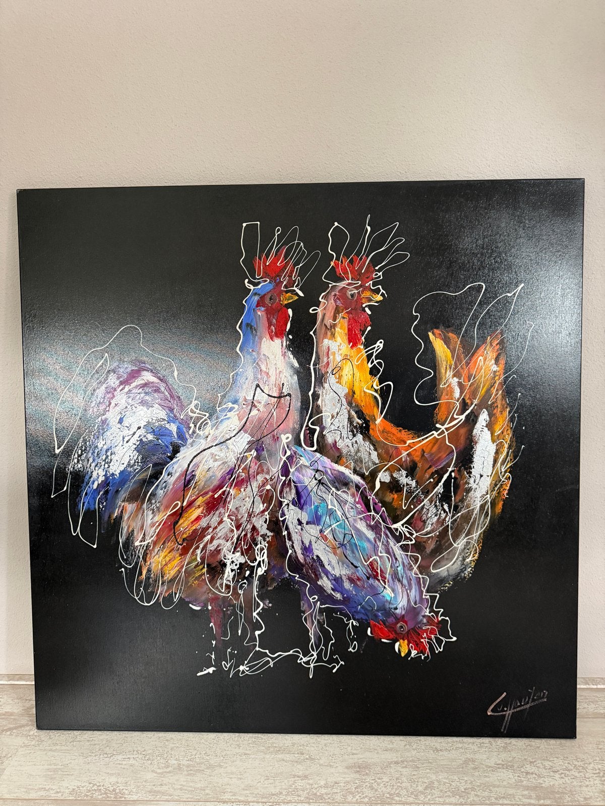 Caspar van Houten - Kleurrijk schilderij van hanen, 100x100c, Antiek en Kunst, Ophalen, Acrylverf, Handgeschilderd, Dieren