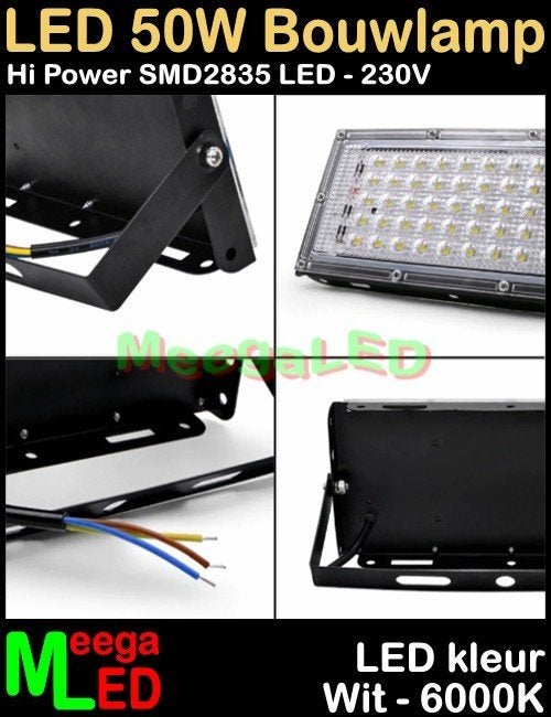LED Bouwlamp Floodlight 50x SMD2835 LEDs Wit-6000k, Doe-het-zelf en Verbouw, Ophalen of Verzenden, Nieuw, Minder dan 50 watt, Lamp met armatuur
