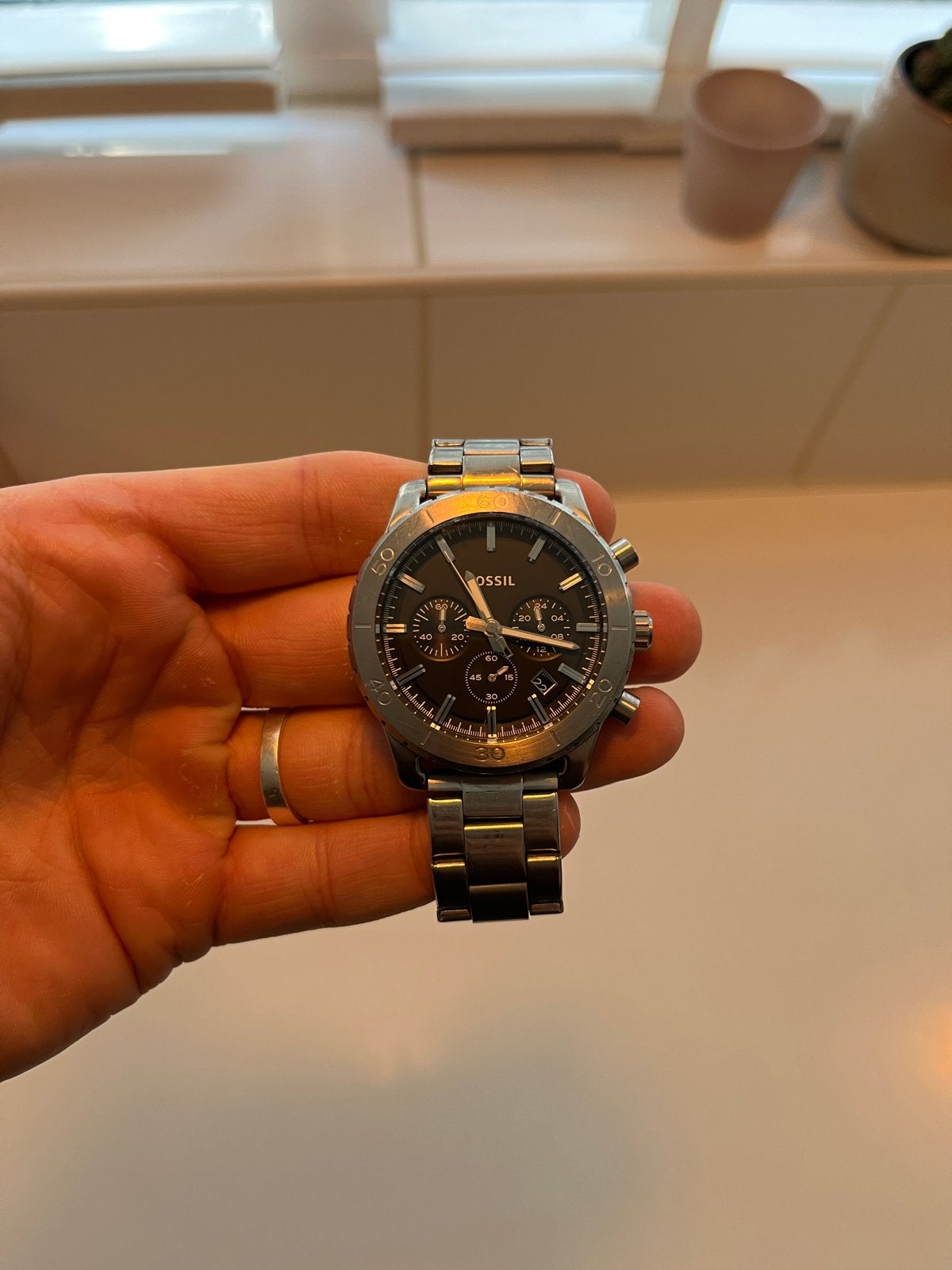 Fossil CH2814 Herenhorloge met gebruikssporen + 4 schakels, Sieraden, Tassen en Uiterlijk, Overige merken, Gebruikt, Staal, Polshorloge