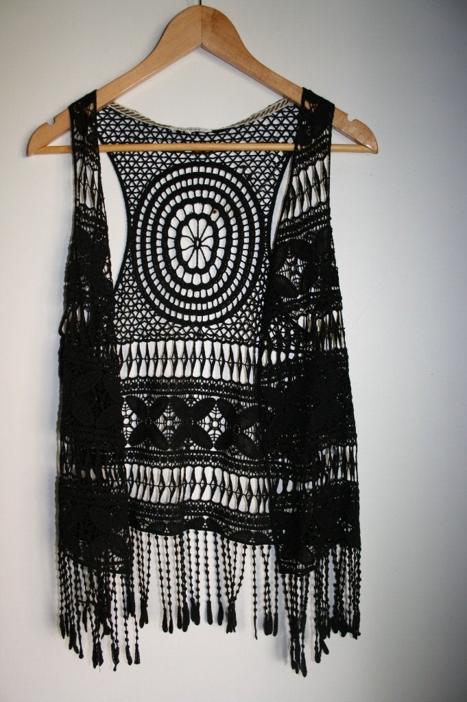 Zwart gehaakt vestje/hesje franjes  *BOHO IBIZA* mt. L/XL, Kleding | Dames, Truien en Vesten, Pelagiza, Zwart, Maat 42/44 (L)