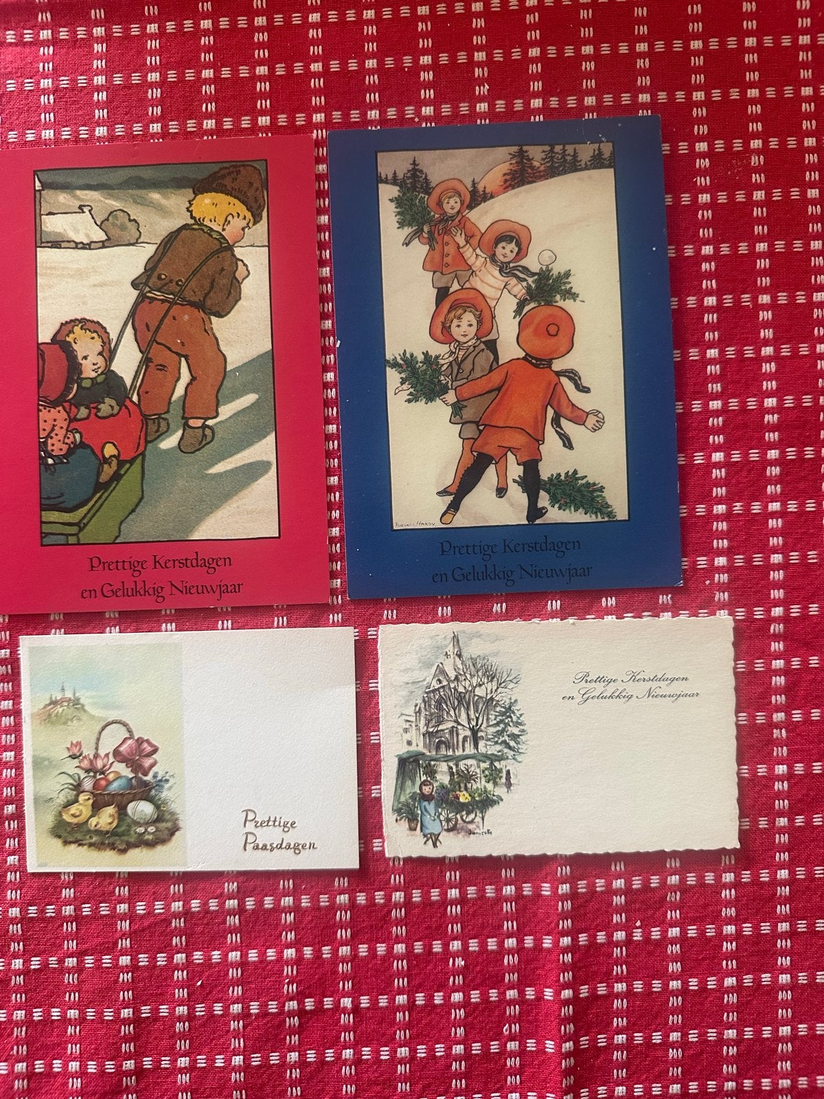 Vintage Kerst- en Paaskaarten (4 stuks), Verzenden, 1980 tot heden, Gelopen
