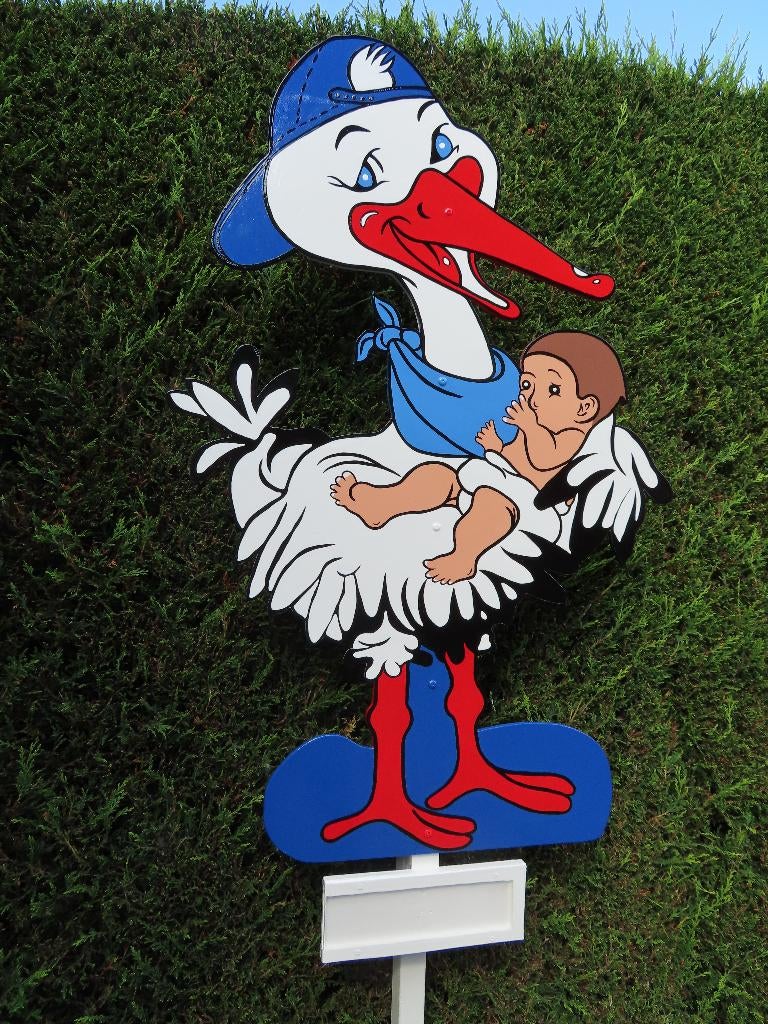 Geboortebord ooievaar met blauwe pet en baby een jongen., Ophalen, Nieuw, Geboortebord