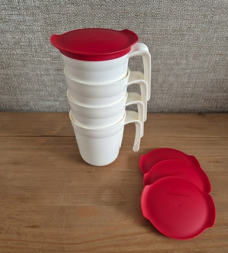 Tupperware Allegra bekers 300ML met deksels Wit/Rood NIEUW, 300 ml, Wit, Beker of Kan, Nieuw