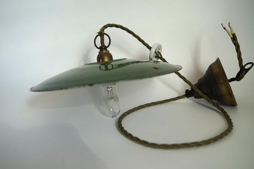 Vintage hanglamp metaal groen wit emaille schoenmakerlamp., Ophalen of Verzenden