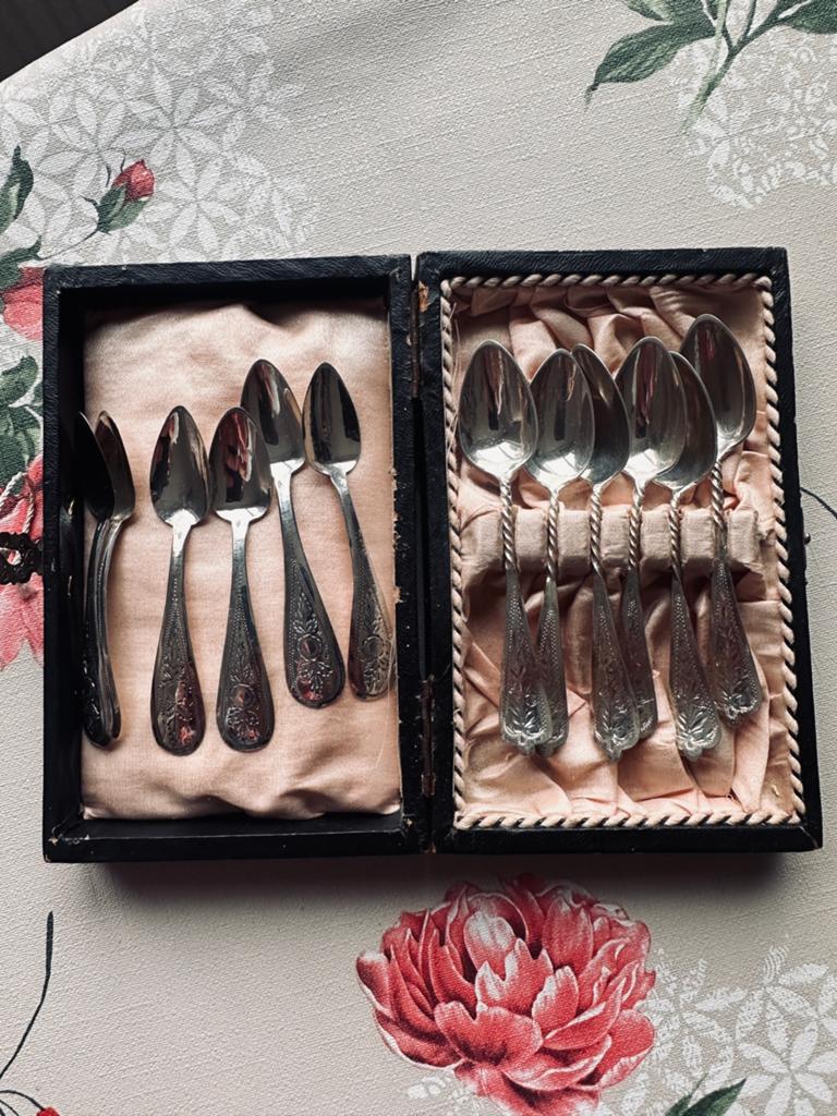 Set van 12 antieke zilveren mokka lepeltjes, Ophalen of Verzenden