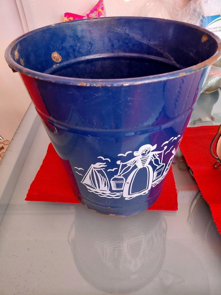Vintage blauwe emaille emmer met Hollandse decoratie, Ophalen