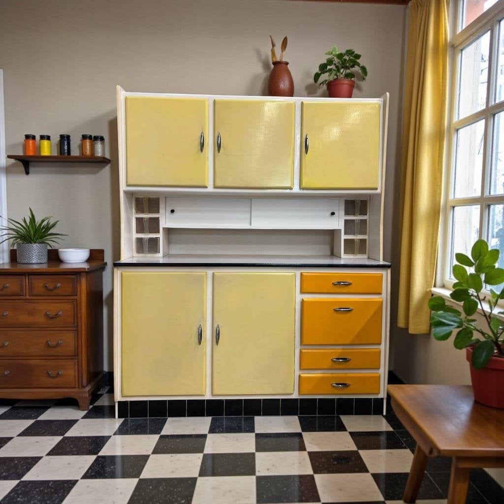 Vintage gele houten keukenkast / buffetkast / wandkast, Ophalen, Gebruikt, 105 cm of meer, 100 cm of meer