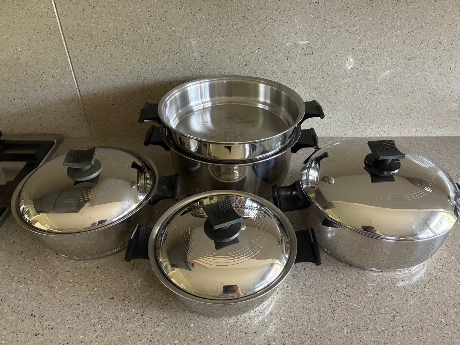 Set van 5 pannen,  Renaware, stainless steel, Ophalen, Gebruikt, Pannenset, Afneembaar handvat