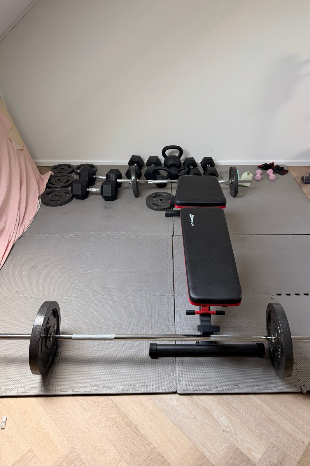 Complete fitness set: halterbank, dumbbells, halterschijven, Sport en Fitness, Ophalen, Gebruikt, Armen, Dumbbell