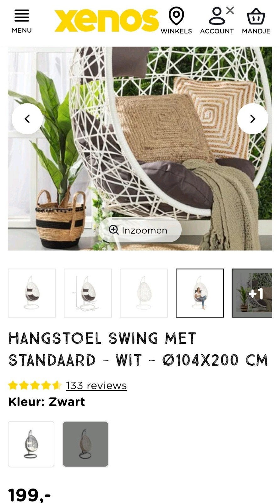 Witte hangstoel met standaard en grijze kussens, Ophalen, Modern, Comfortabel, Gebruikt, Wit