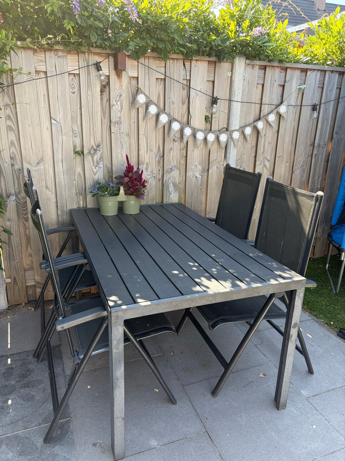 Complete tuinset met 4 stoelen, tafel en voetenbankje, Tuin en Terras, Ophalen, Gebruikt, Metaal