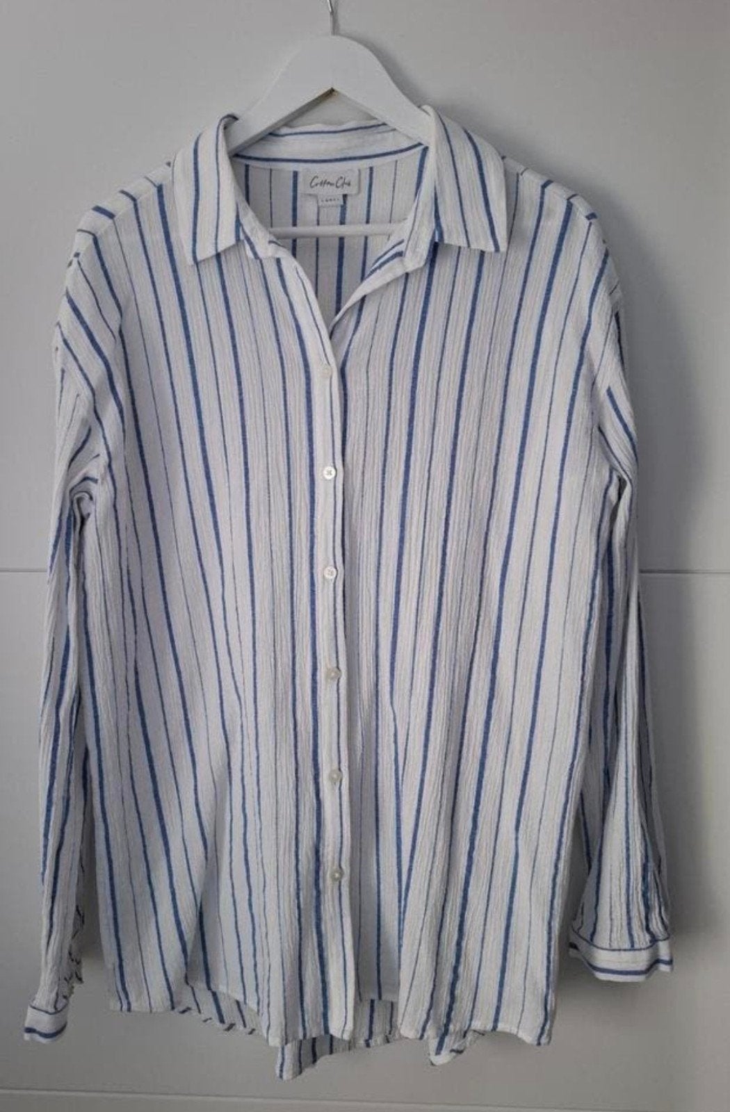 Mooie wit/blauw gestreepte blouse Cotton Club maat L/42, Kleding | Dames, Blouses en Tunieken, Wit, Maat 42/44 (L), Ophalen of Verzenden