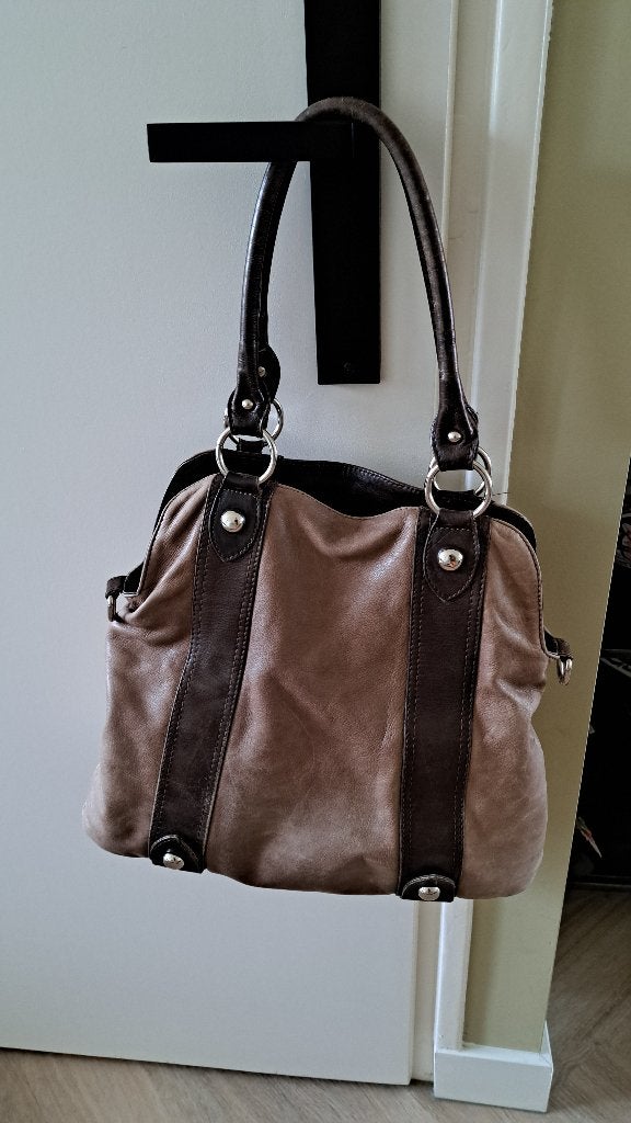 T.k.a. bruine leren schoudertas h 35 x br 40, Ophalen, Gebruikt, Bruin, Handtas