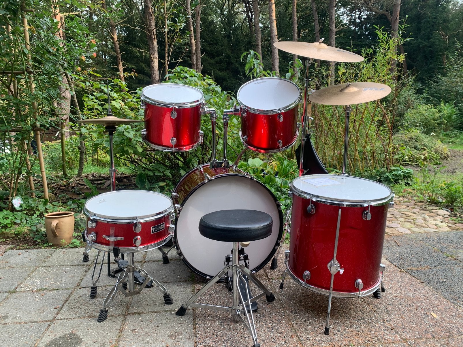 Tunes drumstel met PAISTE bekkens & zgan Ahead armor drummat, Ophalen, Gebruikt, Overige merken