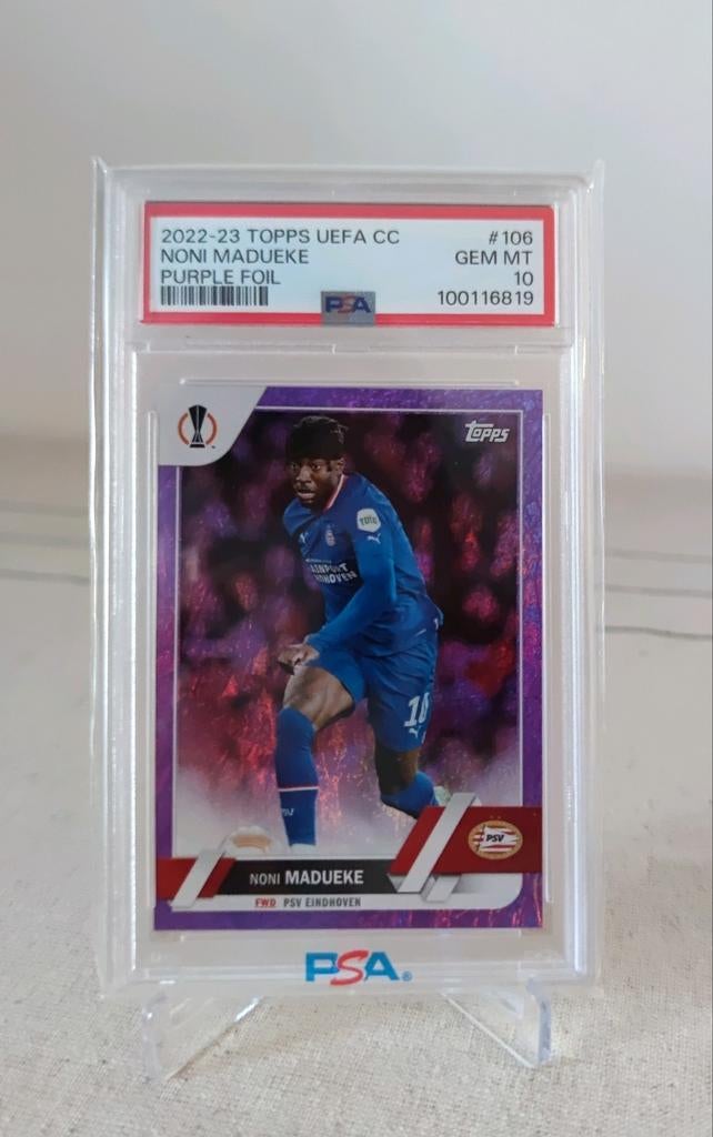 Noni Madueke Topps UEFA CC Purple Foil PSA 10 GEM MT PSV, Ophalen of Verzenden, Zo goed als nieuw, PSV, Spelerskaart