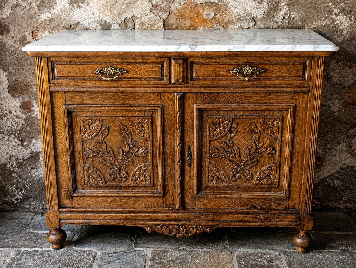 Rustieke kast marmer eiken houtsnijwerk dressoir commode bad, Ophalen