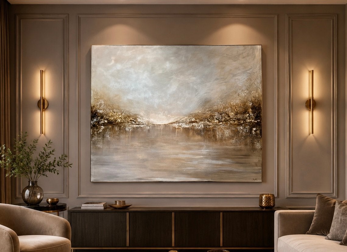 Groot Acryl Abstract Landschap Schilderij Goud Beige, Ophalen