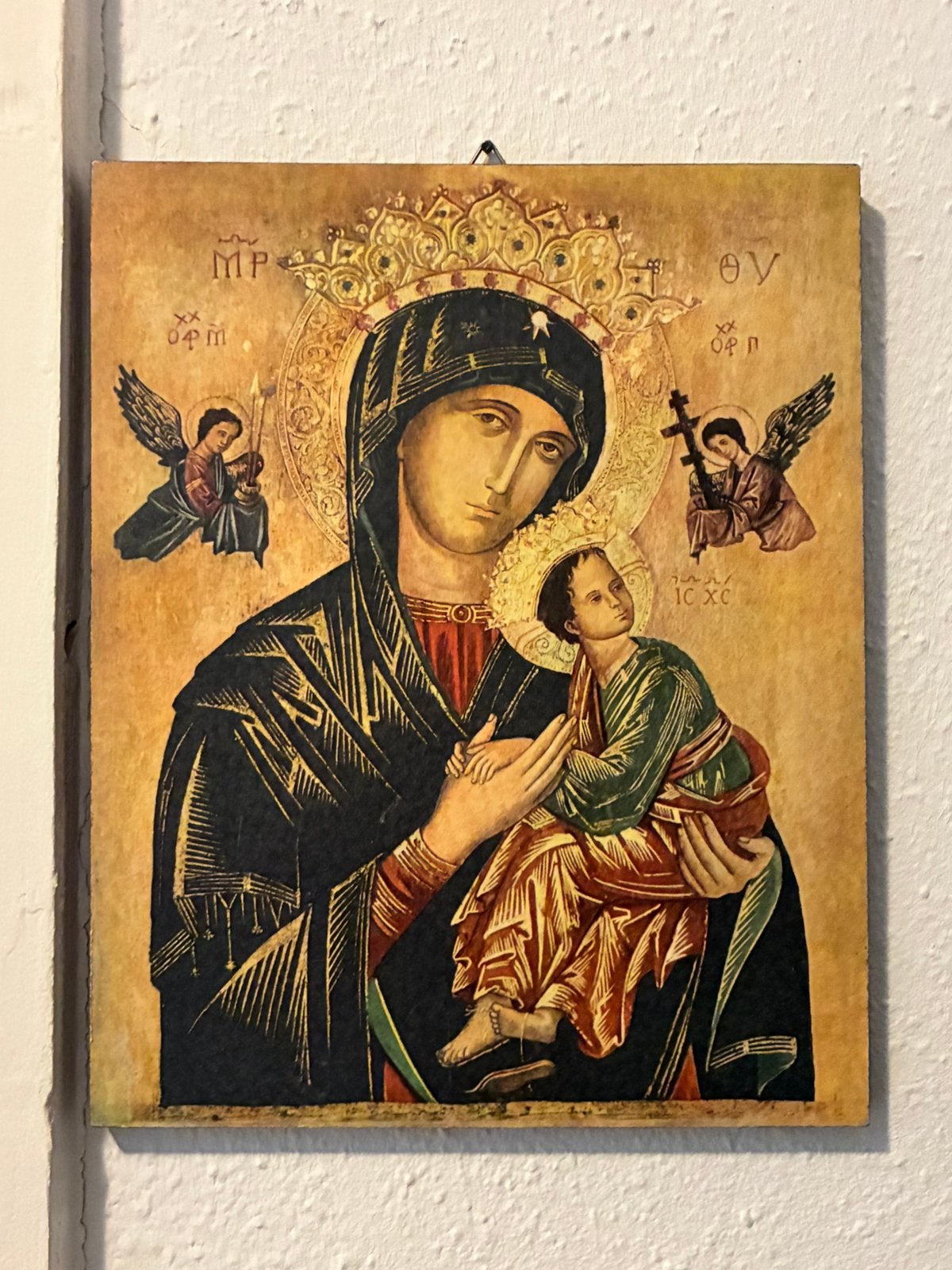 Decoratieve houten iconenprent – Moeder Gods van de Passie, Verzamelen, Ophalen of Verzenden, Zo goed als nieuw