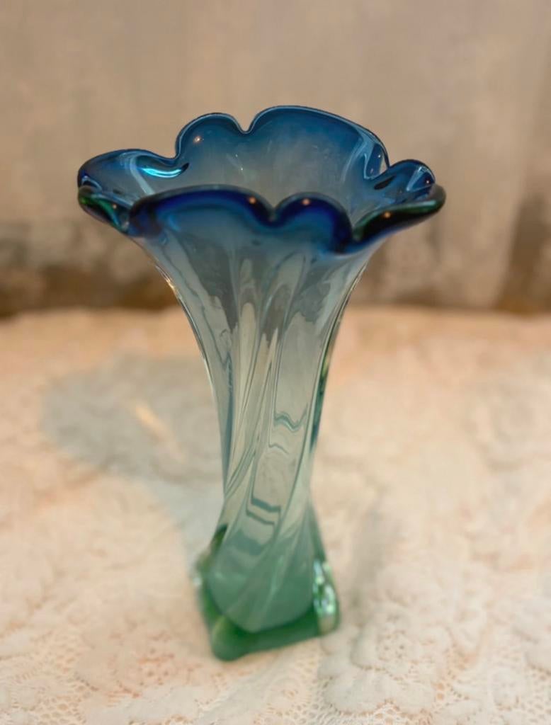 Murano Sommerso Vaas Groen-Blauw Organische Vorm, Antiek en Kunst, Ophalen of Verzenden