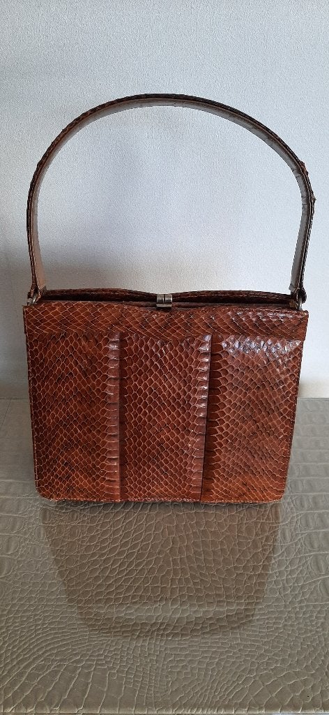 Vintage cognackleurige slangenleren handtasje, Ophalen of Verzenden, Gebruikt, Bruin, Handtas