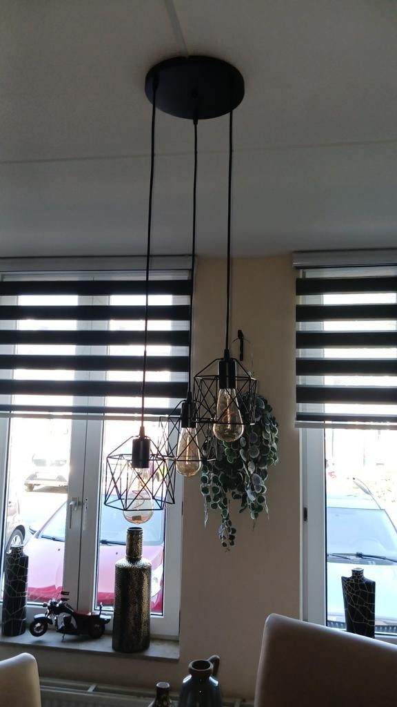 Moderne hanglamp met 3 kooien en Edison lampen, Ophalen of Verzenden, Zo goed als nieuw, Metaal