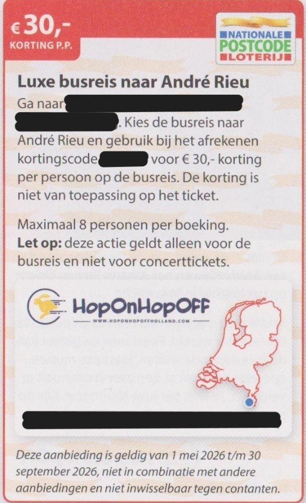 Luxe busreis naar André Rieu. €30,- korting pp. Postcode bon, Drie personen of meer, Bus, Metro of Tram, Nederland, Kortingskaartje