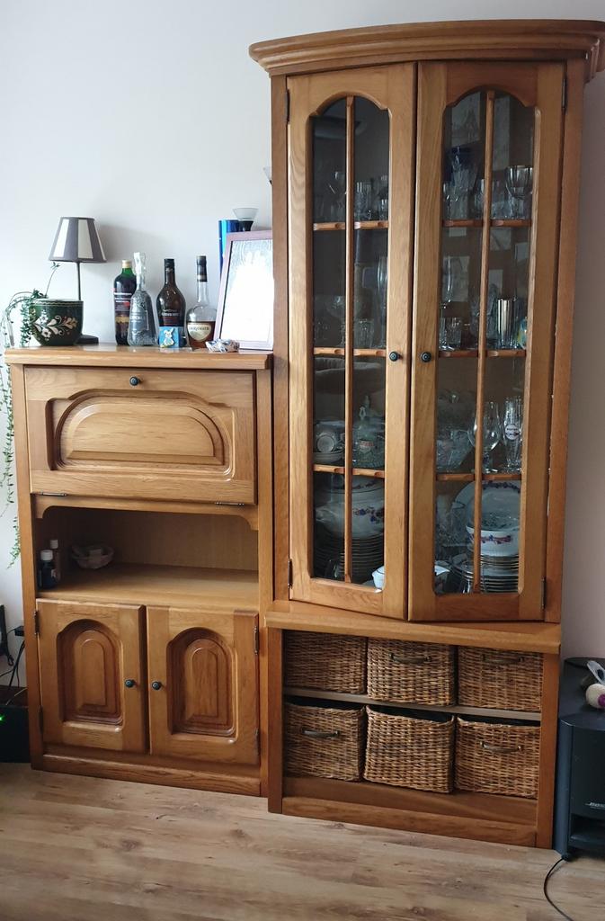 Eikenhouten buffetkast met vitrine en barmeubel, Ophalen, Gebruikt, 150 tot 200 cm, Eikenhout