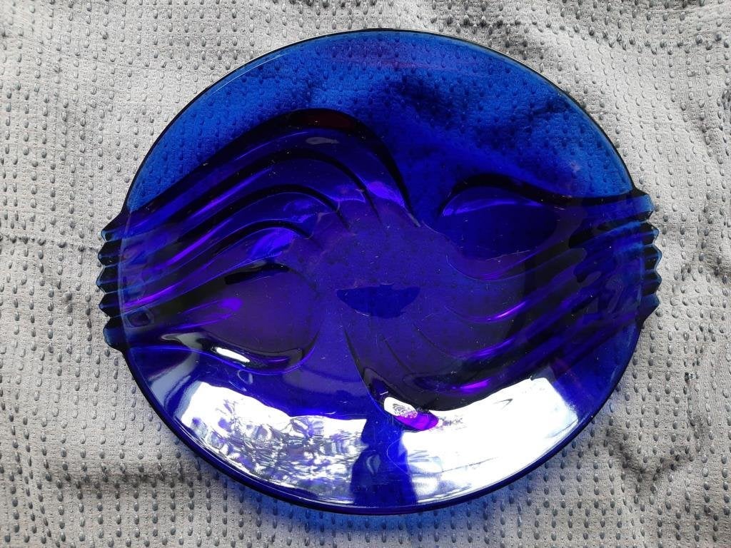 Blauw glazen schaal, Gebruikt, Schaal, Rond, Geribbeld
