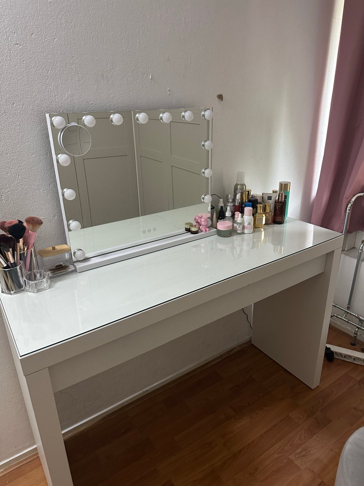 Witte make-up tafel met glazen blad (zonder spiegel), Gebruikt, 100 tot 150 cm, Ophalen of Verzenden, Minder dan 100 cm