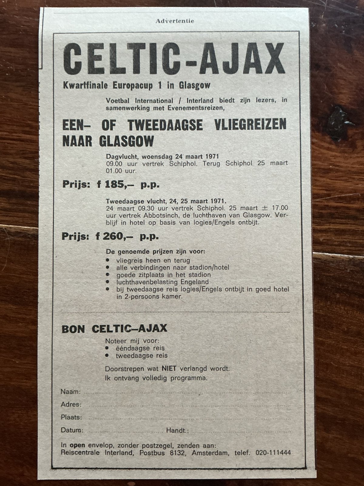 Voetbal reklame Celtic Ajax 1971 kwartfinale Europacup 1, Ophalen of Verzenden, 1960 tot 1980, Knipsel(s)