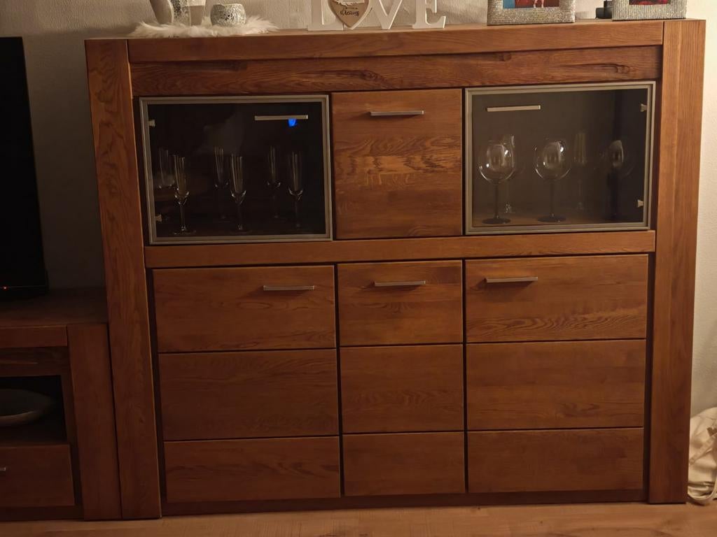 Massief houten commode met vitrinekasten, Huis en Inrichting, Kasten | Overige, Gebruikt, Ophalen