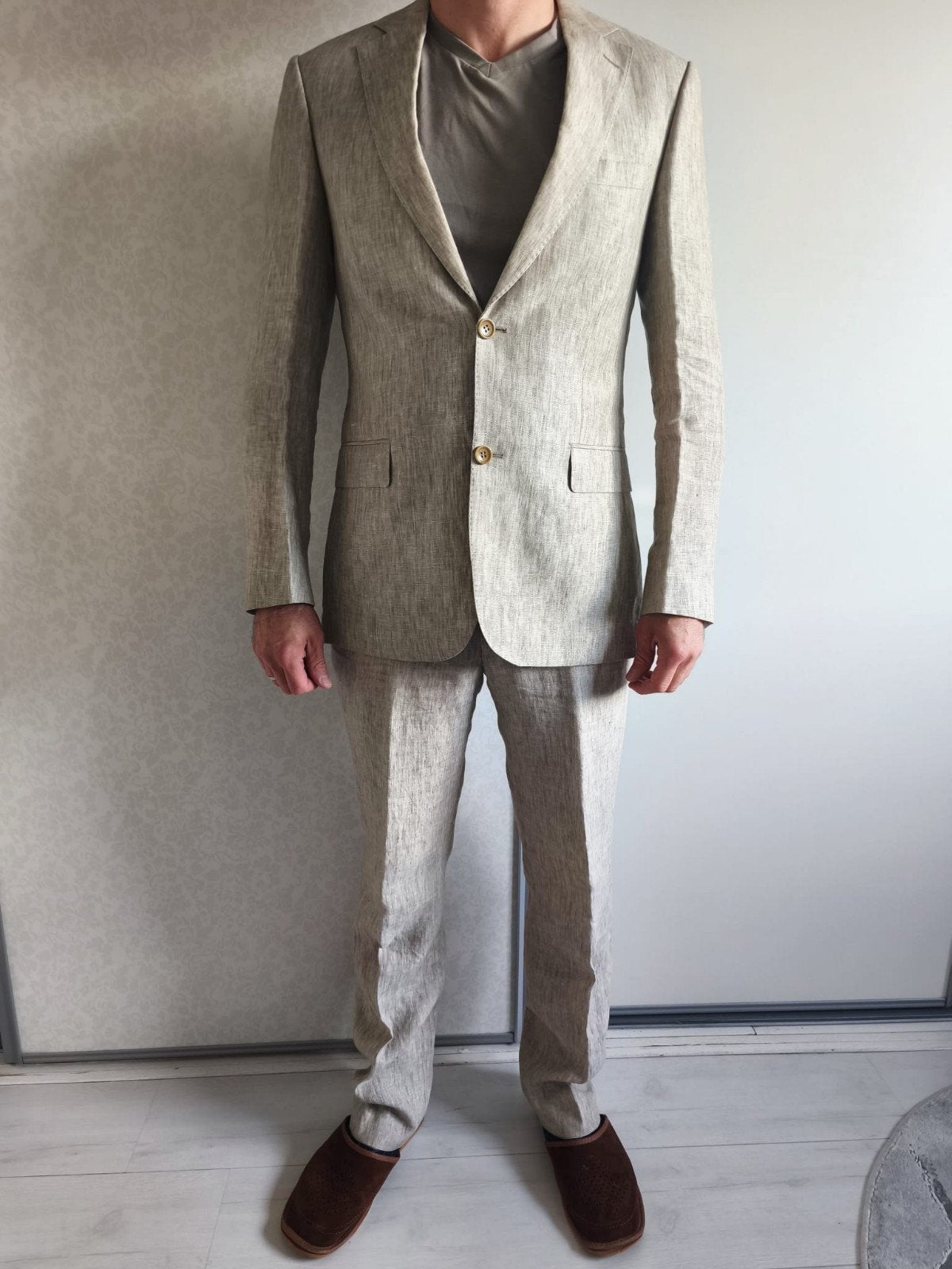 100 linnen tweedelig herenpak beige zgan maat 46/S, Ophalen of Verzenden, Zo goed als nieuw, Maat 46 (S) of kleiner, Beige