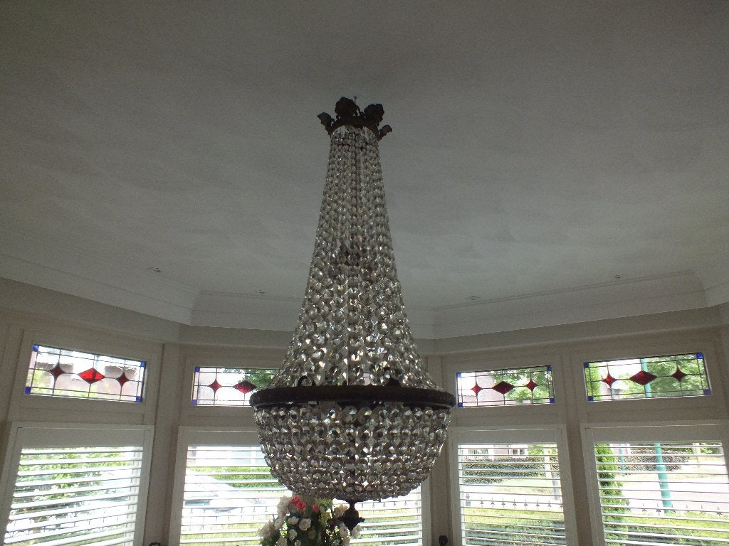 Antieke Kroonluchter met handgeslepen kristallen, Huis en Inrichting, Lampen | Kroonluchters, Gebruikt, Glas, E27 (groot), Ophalen