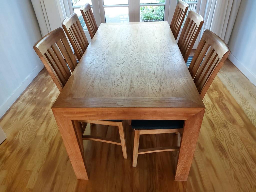 Teakhouten eettafelset, Huis en Inrichting, Complete eetkamers, Ophalen, Gebruikt, Teak, landelijk, 4 tot 6 stoelen