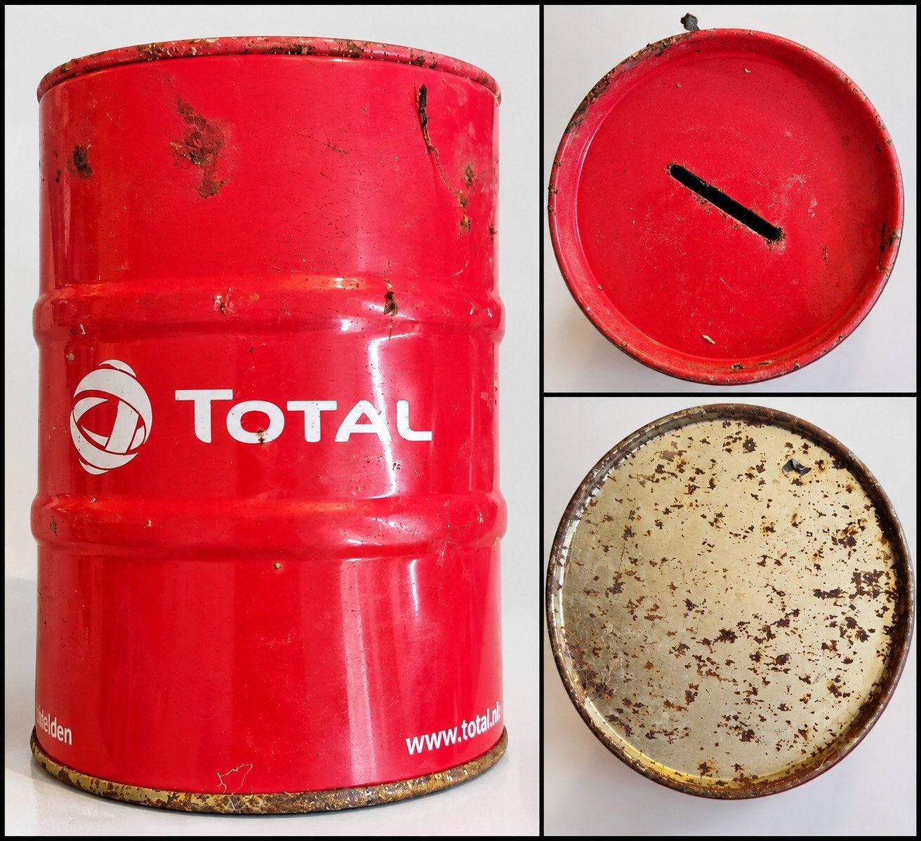 Vintage TOTAL spaarpot – rood metalen olievat, Ophalen of Verzenden