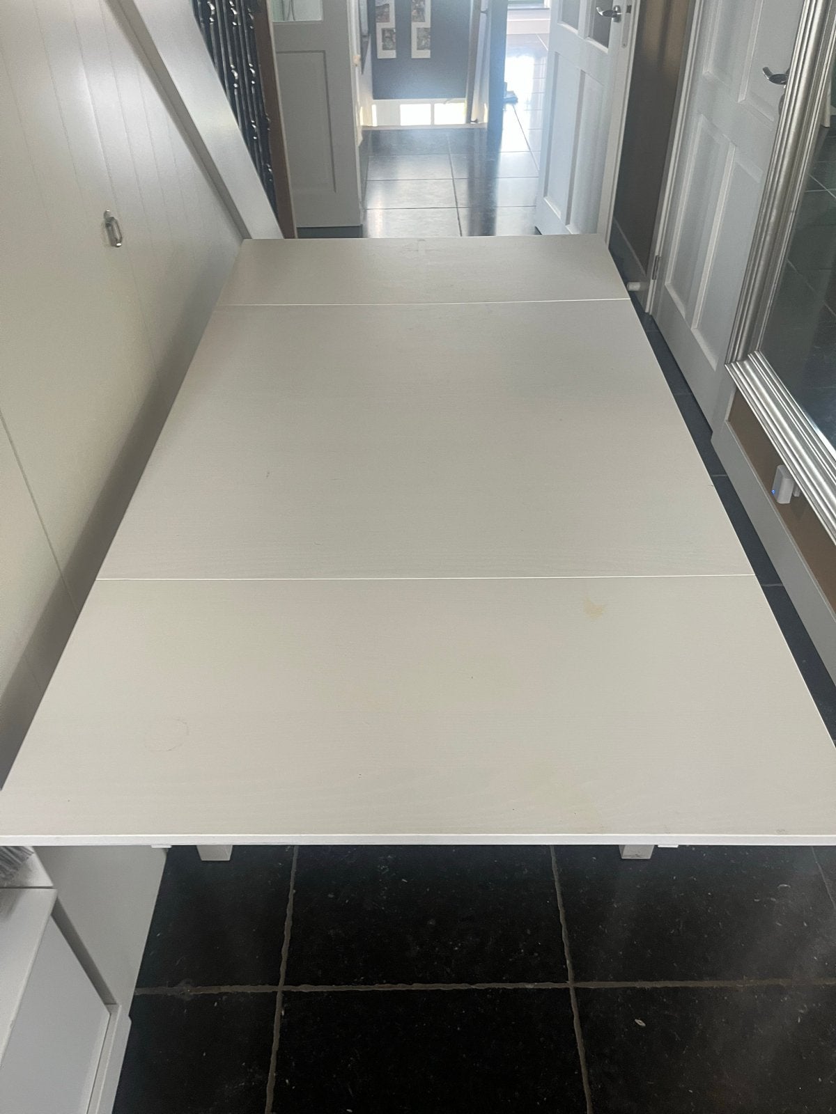 Uitschuifbare massief houten eettafel 90x90/170 cm, Ophalen, Gebruikt, 50 tot 100 cm, Vijf personen of meer