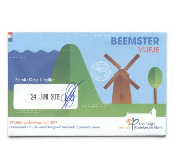 Nederland 5 euro 2019 Beemster Eerste Dag Uitgifte in coinca, Ophalen of Verzenden, Koningin Beatrix, Euro's, Losse munt