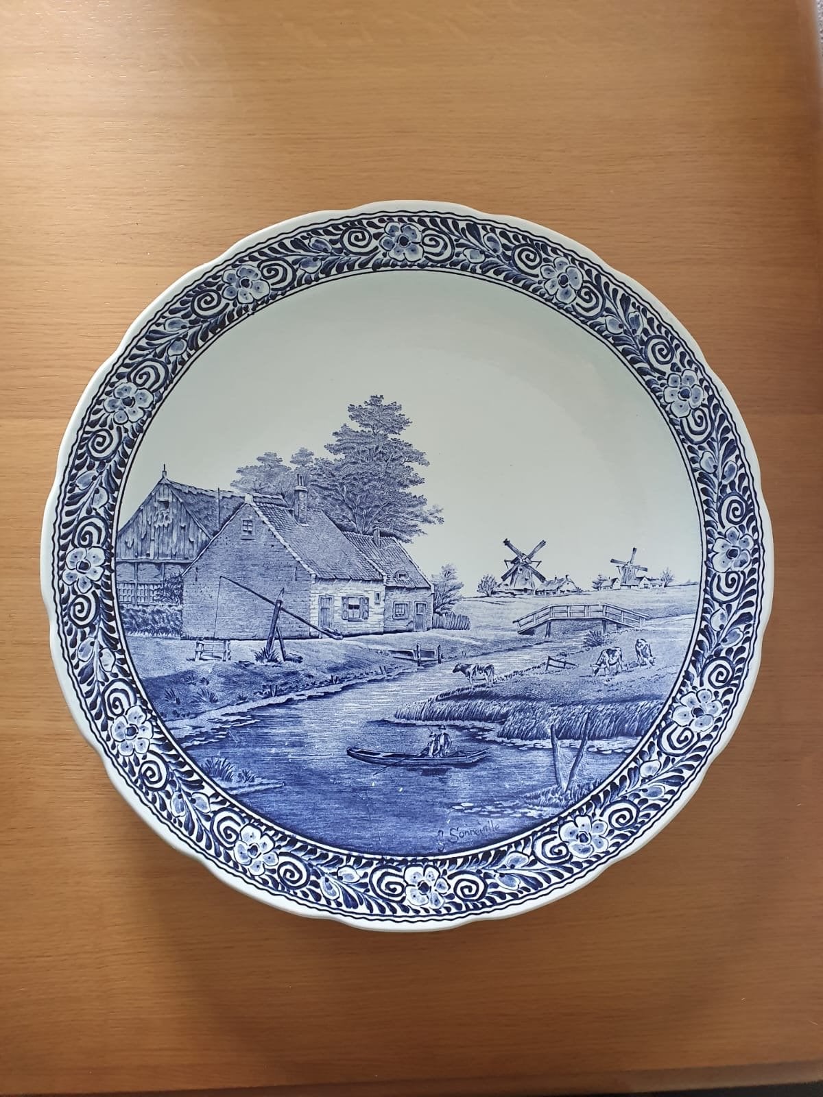 Delfts Blauw Boch bord met Hollands landschap, Ophalen