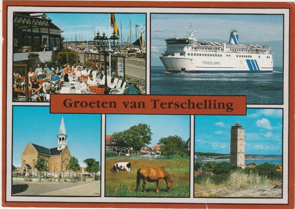 TERSCHELLING Terras Kerk Paard Veerboot Groeten, Verzenden, 1980 tot heden, Gelopen, Waddeneilanden