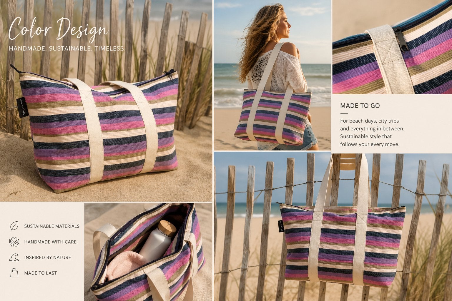 Handgemaakte gestreepte strandtas van bio-katoen, Ophalen of Verzenden, Nieuw, Overige kleuren, Shopper
